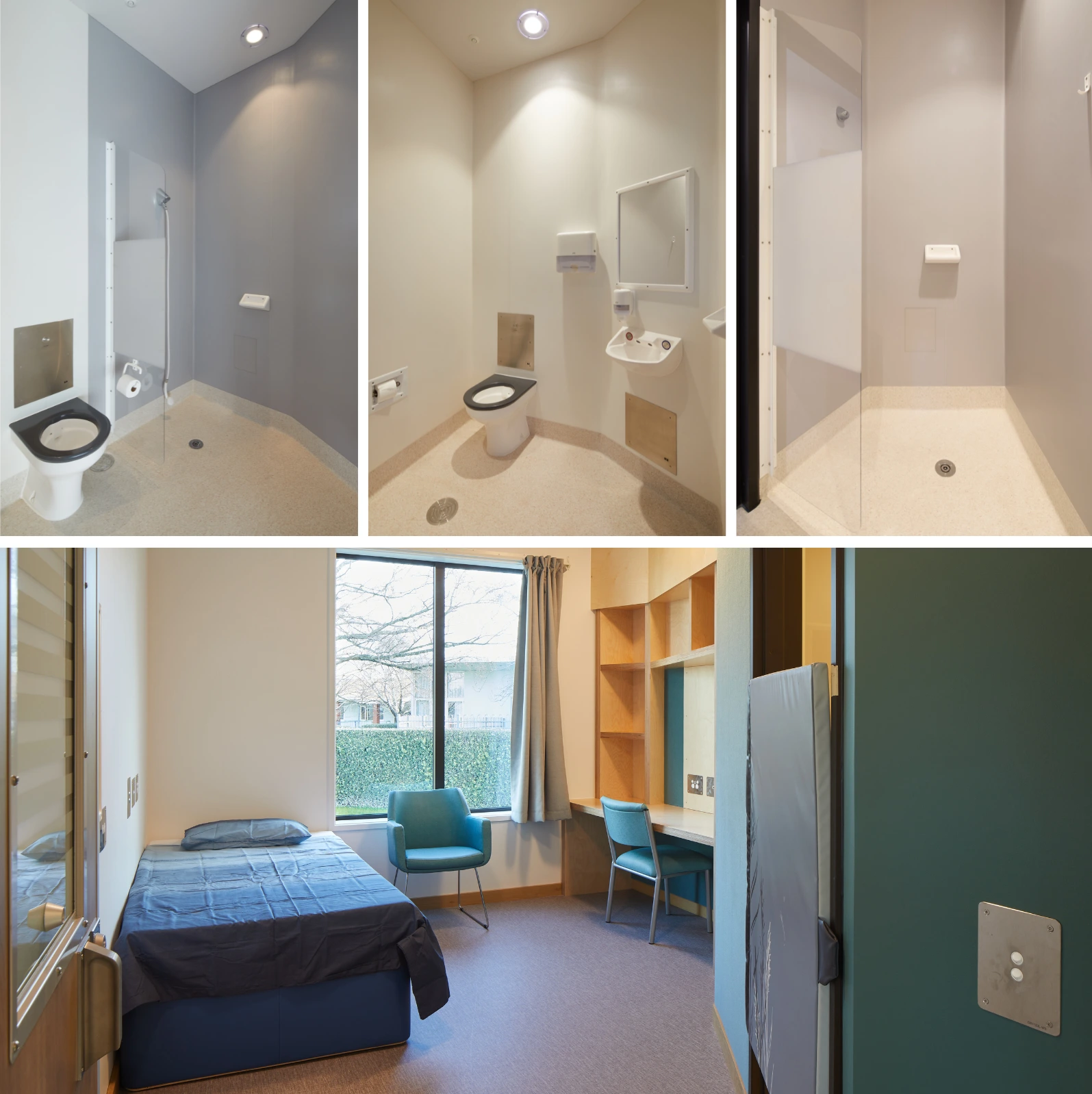 Rooms at Hillmorton Hospital in New Zealand featuring Galvin’s ligature resistant tapware and fixtures, designed to enhance safety, hygiene, and durability in mental health care environments.